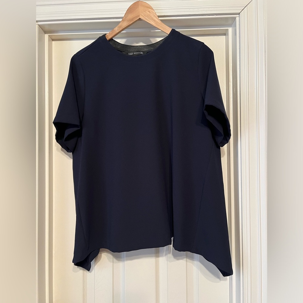 Zara Women Navy Short Sleeve Medium Shirt with Black Neck Trim